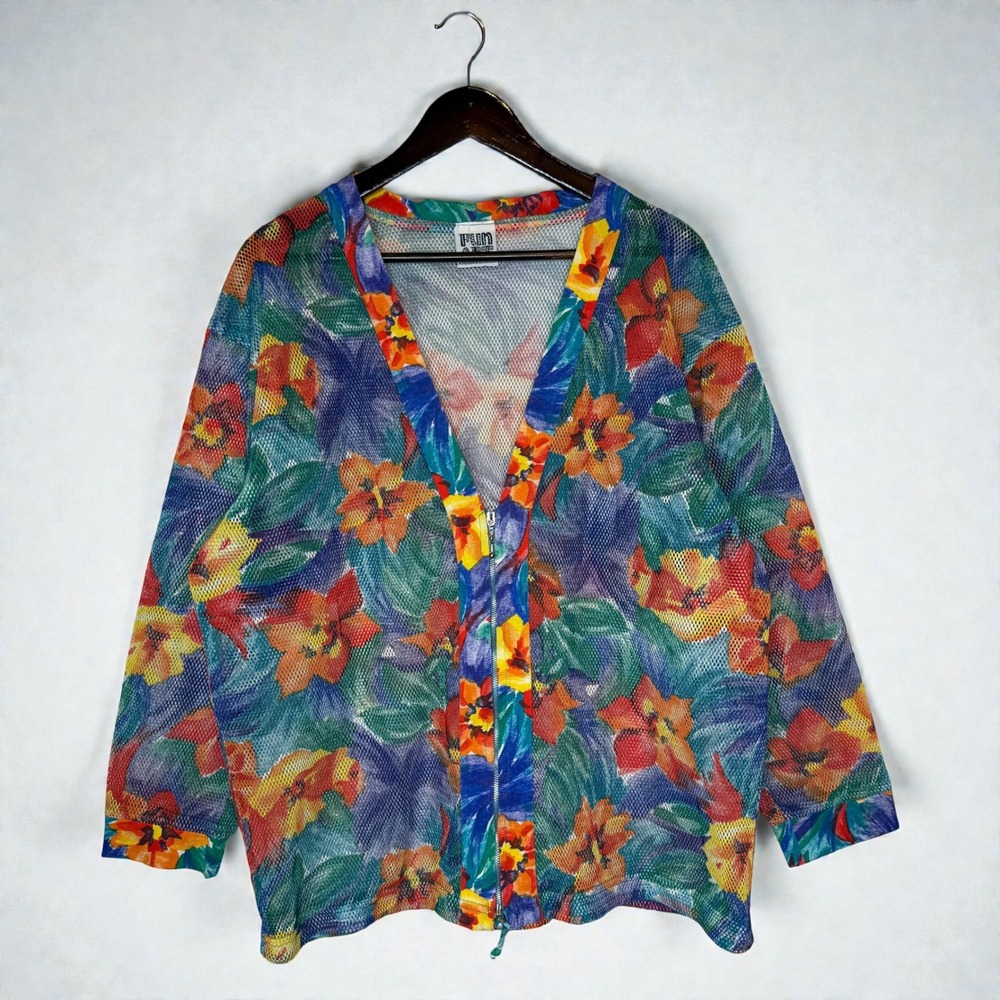 FUN‎ ART by Lori B Vintage Floral Swim Cover Up Mesh Jacket sz Large Design Zone